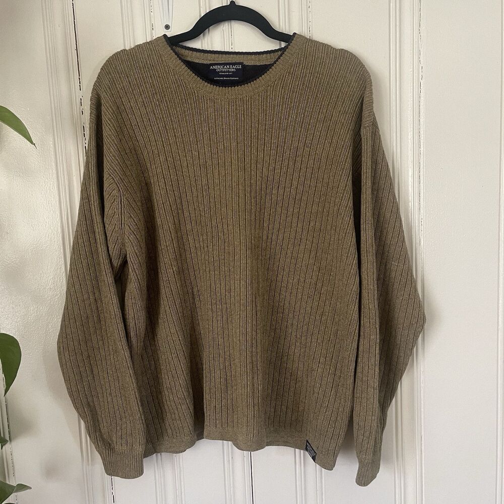 American Eagle Outfitters Men Olive Green Chunky Ribbed Taupe Pullover Sweater L